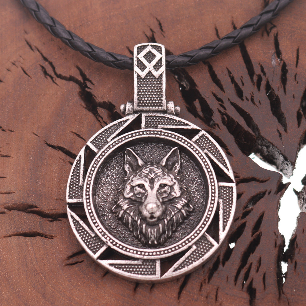 Wolf Head Viking Pendant Necklace with Double-Sided Amulet Design