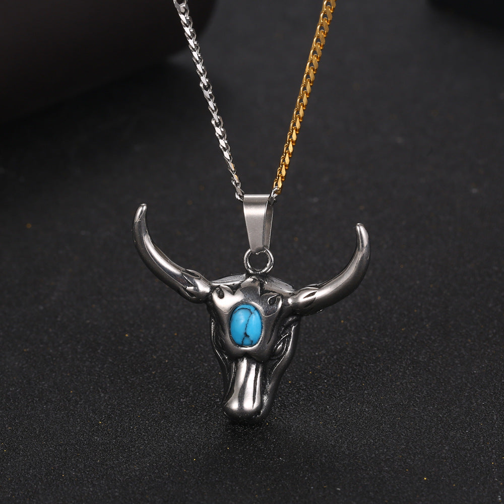 Custom Engraved Titanium Steel Yak Head Necklace for Men with Gemstone Horn Accent