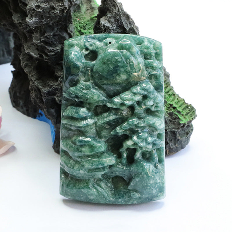 Scenic Hand-Carved Blue Green Landscape Jade Pendant