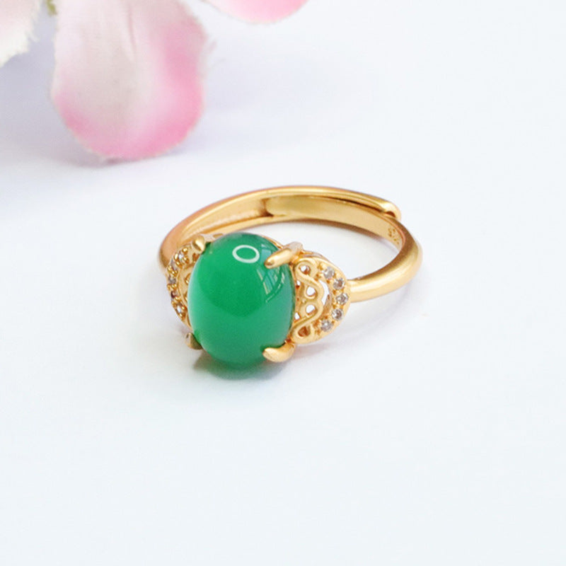 Ethnic Style Hollow Ruyi Ring with Green Chalcedony Zircon Ice Emperor Touch