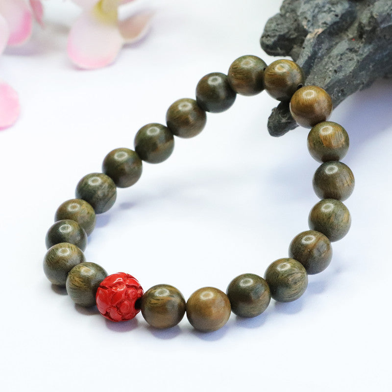 Lotus Bead Sterling Silver Bracelet with Cinnabar Stone and Sandalwood