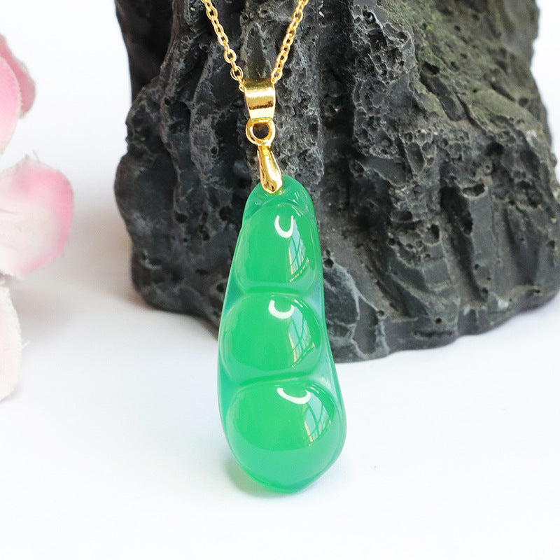 Golden Necklace with Natural Green Chalcedony Pendant