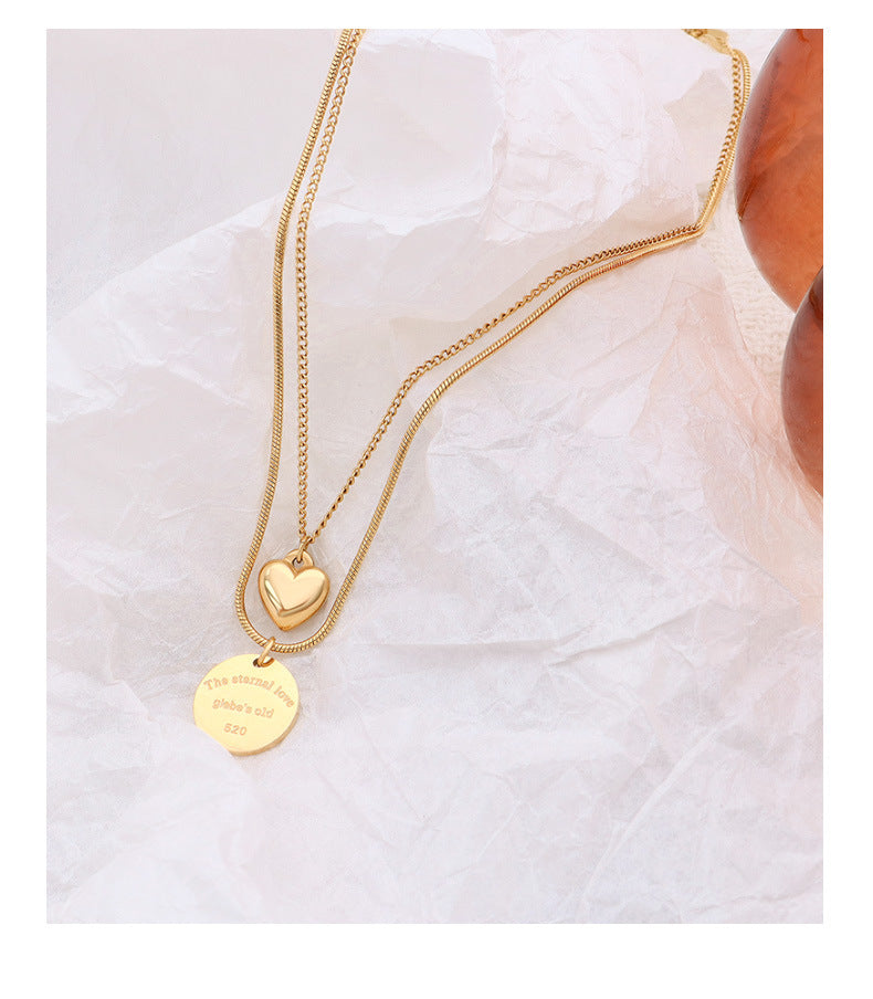 Peach Heart Pendant Double-Layer Gold Necklace with French Elegance