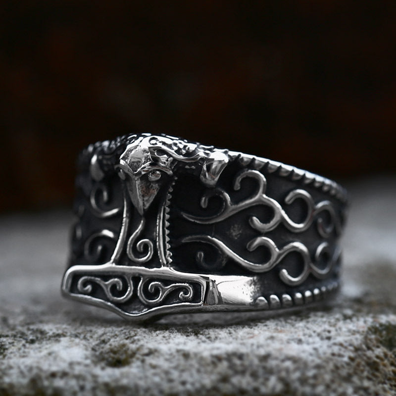 Nordic Viking Thor's Hammer Ring for Men - Retro Stainless Steel and Titanium Steel Design, Wholesale Available