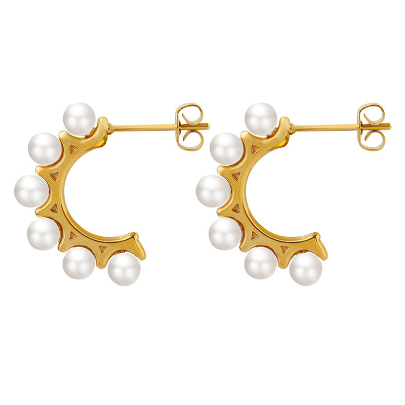 Elegant Titanium Gold-Plated Pearl Earrings by Planderful Collection