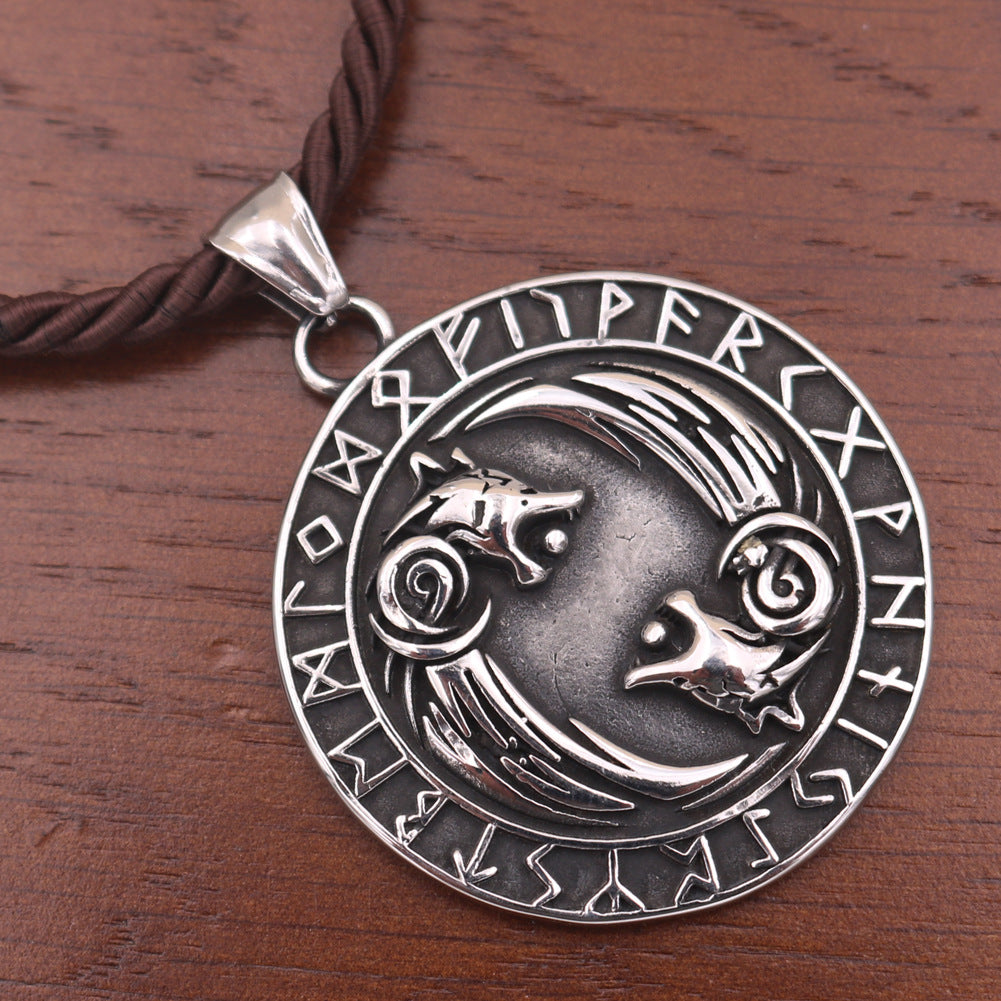 Viking Wolf Titanium Steel Necklace with Runa Rune Pendant - Men's Norse Legacy Jewelry