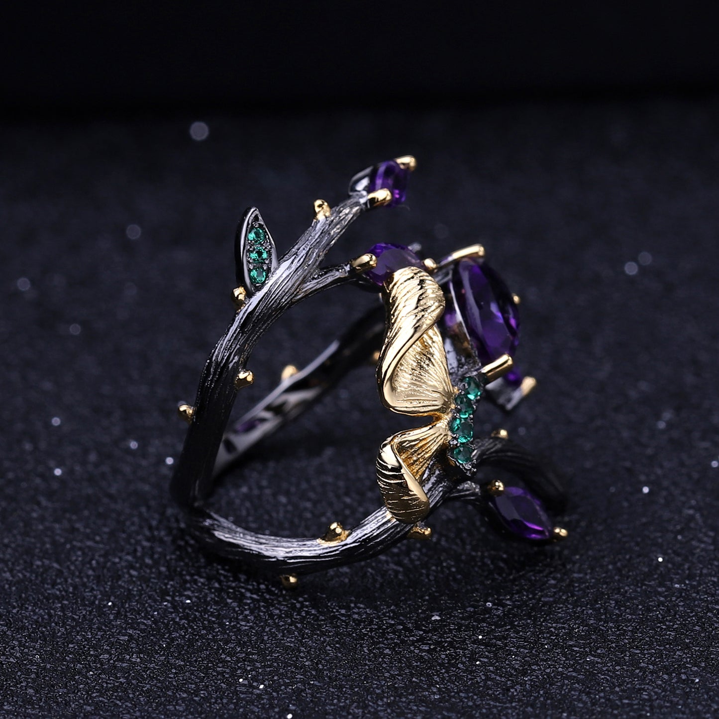 Rotated Garland Butterfly Natural Gemstones Silver Ring