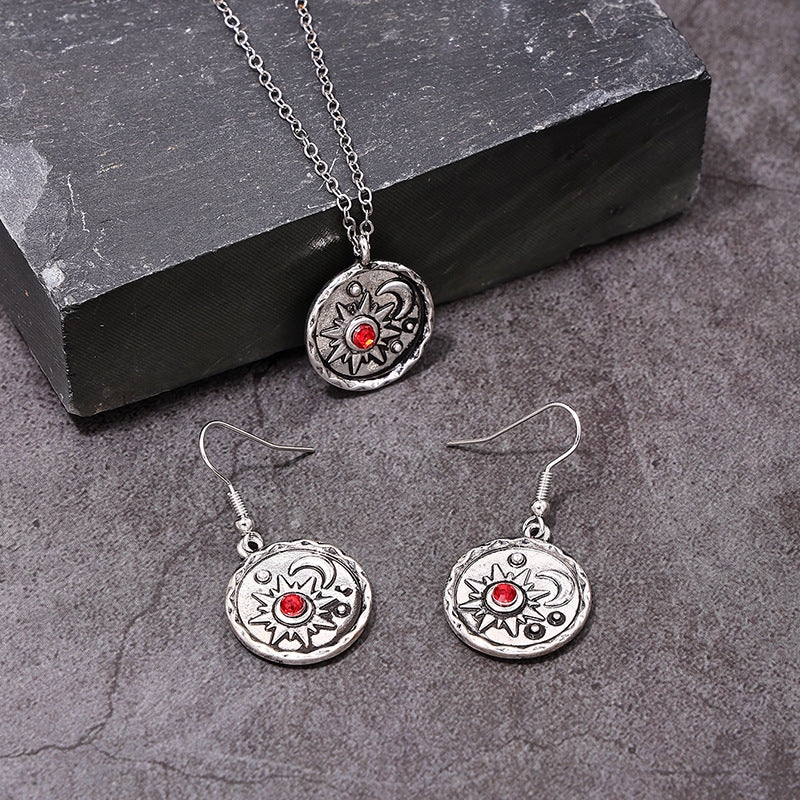 Retro Hip-hop Metal Sun Moon Geometric Necklace Earrings Set for Women