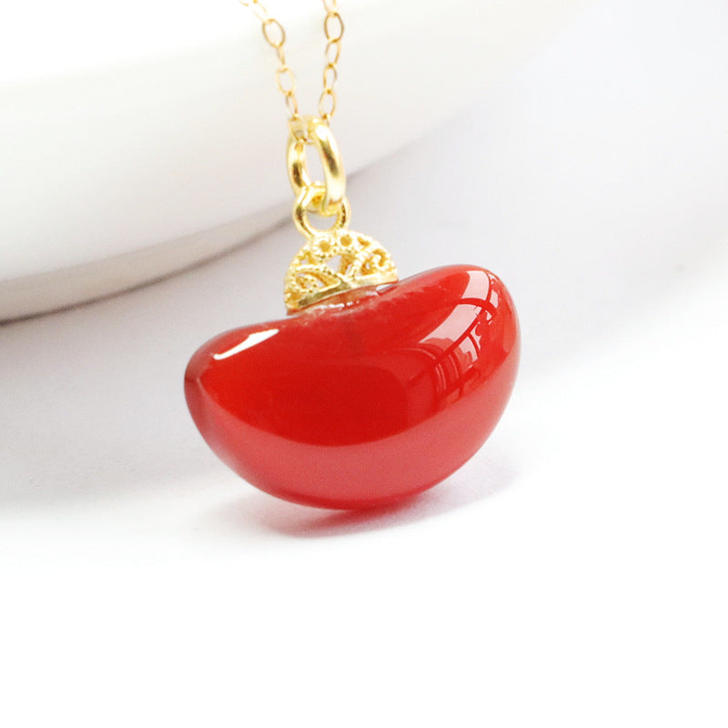 Fortune's Favor S925 Silver Natural Red Agate Yuanbao Pendant Necklace Jewelry