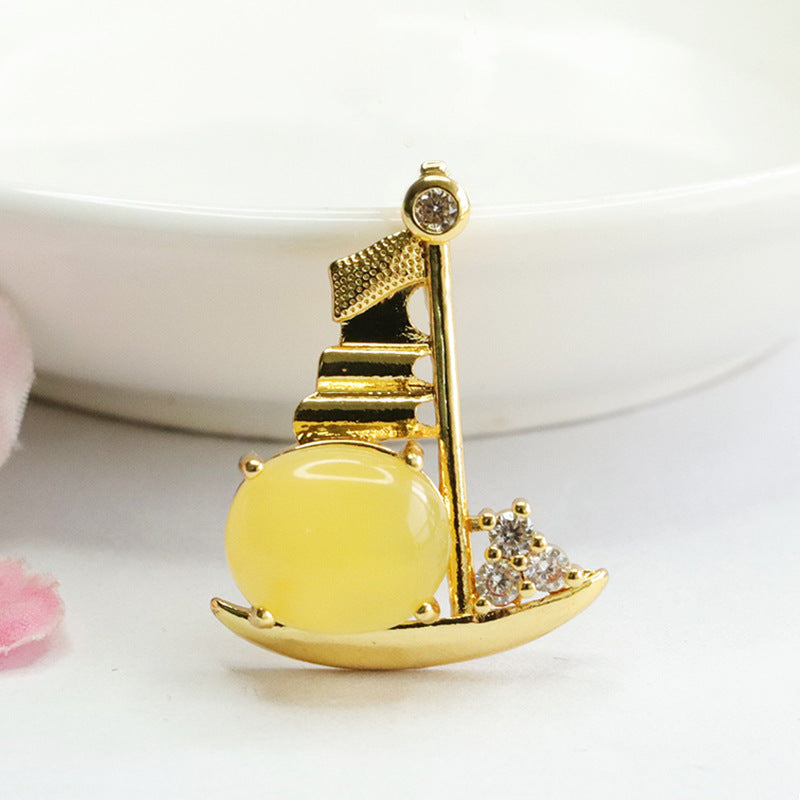 Golden Amber Beeswax Sailing Boat Pendant Necklace