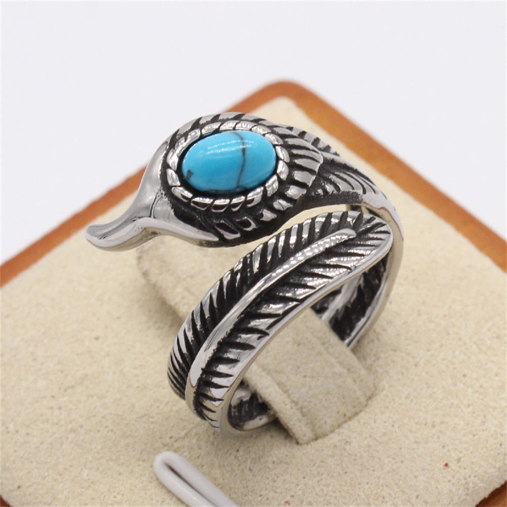 Vintage Turquoise Feather Men's Titanium Steel Ring - Wholesale European and American Foreign Trade Jewelry