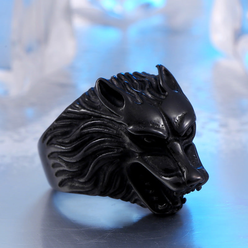 Wholesale European and American Titanium Steel Wolf Head Ring for Men - Retro Jewelry Collection