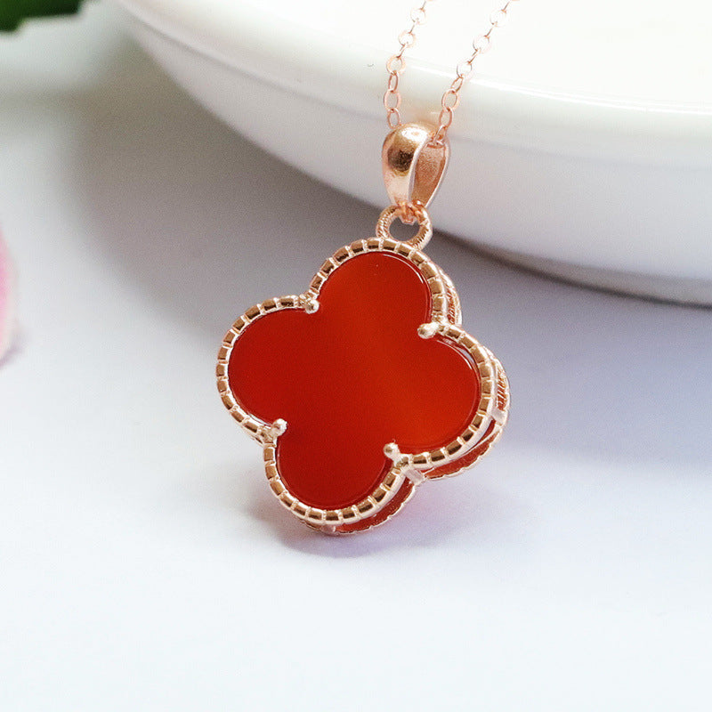 Red Agate Clover Sterling Silver Pendant