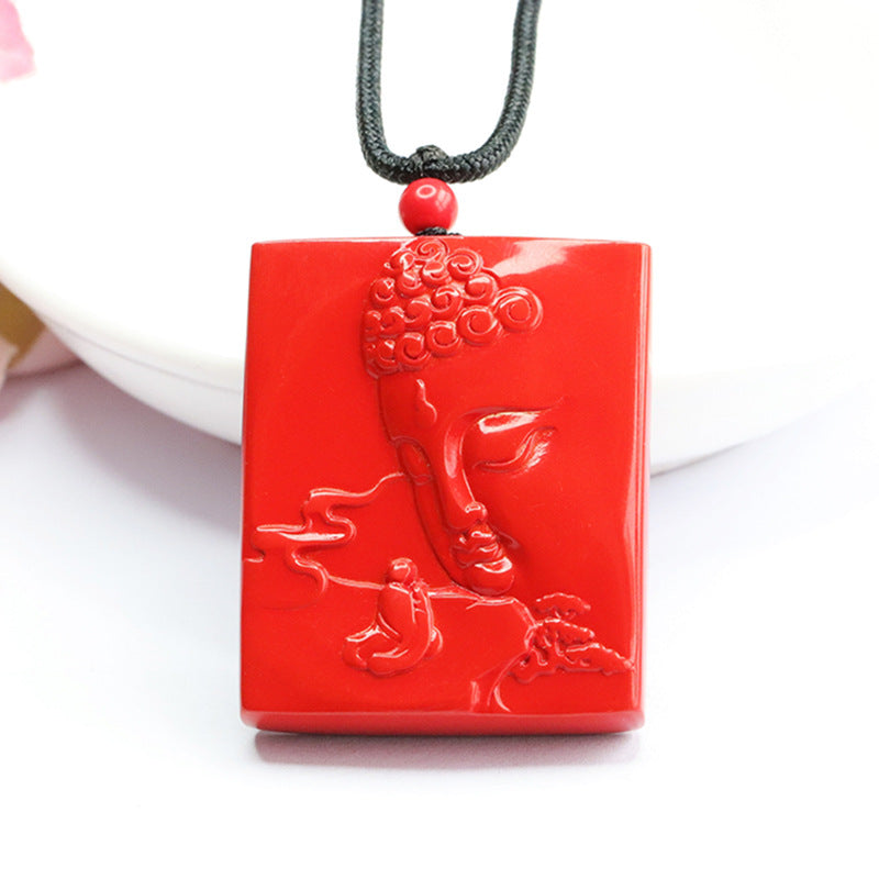 Cinnabar Lotus and Buddha Sterling Silver Pendant with Double Carvings