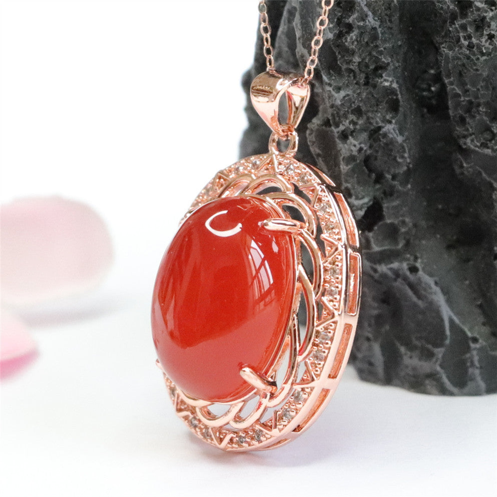 Pigeon Egg Natural Red Agate Pendant Zircon Rose Gold Clavicle Necklace Jewelry