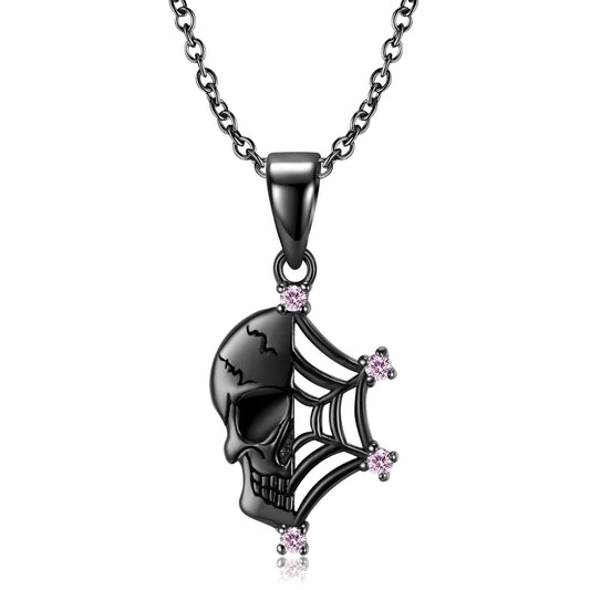 Halloween Half Skull Spider Web Zircon Silver Necklace