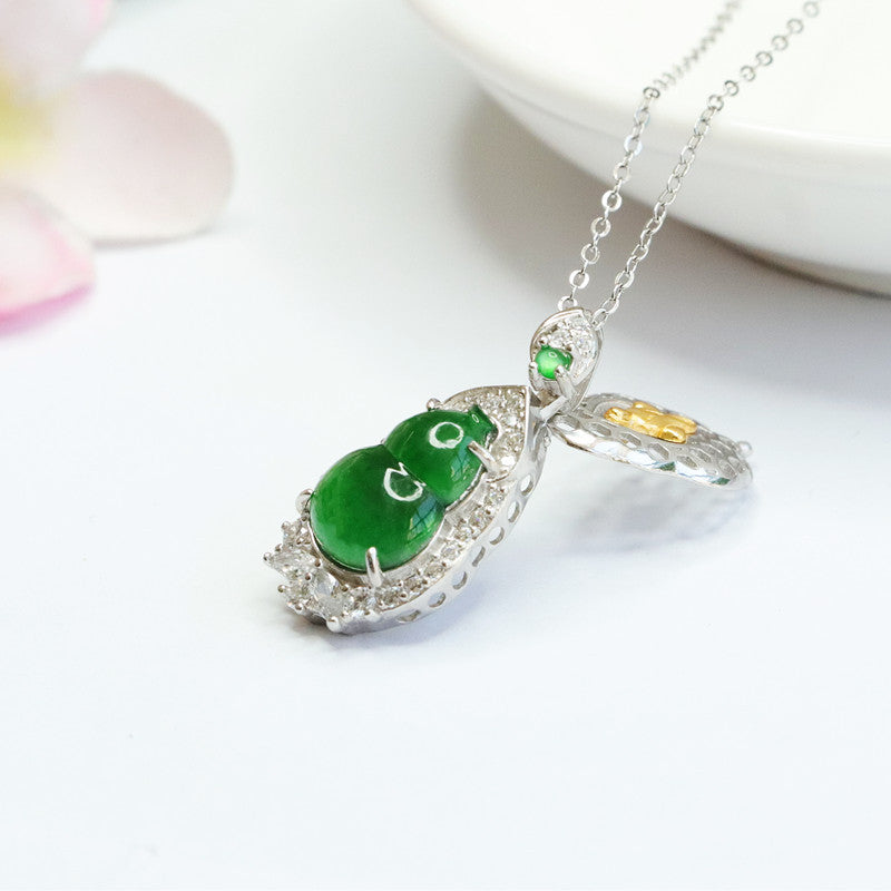 Imperial Green Jade Gourd Necklace with Zircon accent