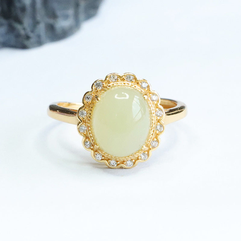 S925 Silver Hetian Jade and Zircon Petal Adjustable Ring