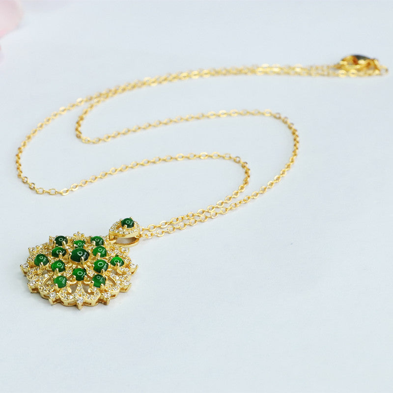 Icy Emperor Green Jade Flower Necklace with Zircon Beads