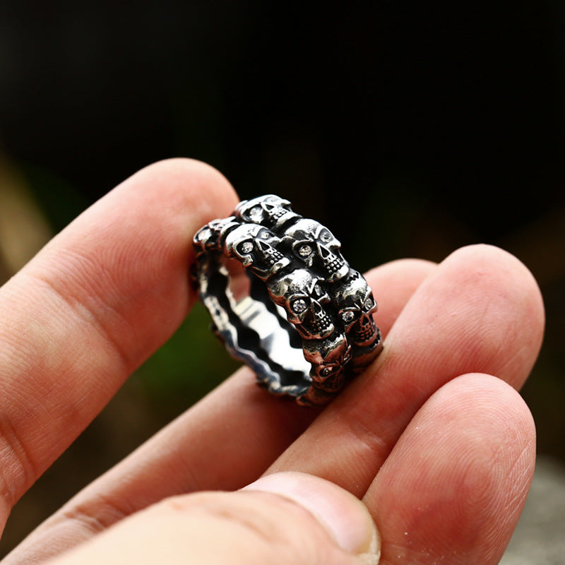 Titanium Steel Skull Ring with Stone - Edgy Retro Punk Men's Accessory in Durable Stainless Steel