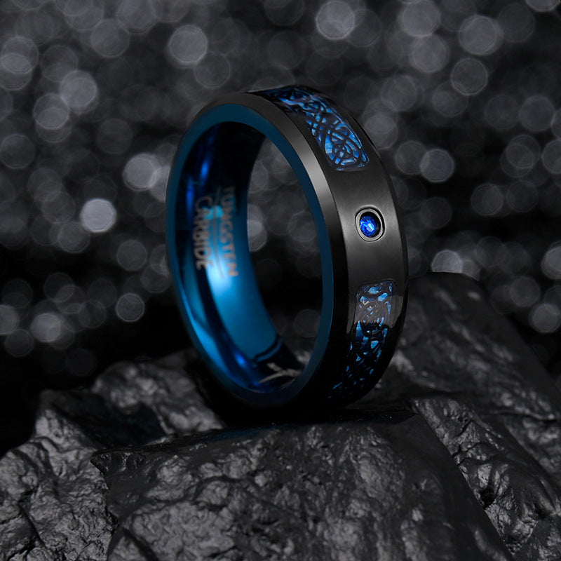 Dragon Pattern Carbon Fiber Men's Ring with Zircon Inlay