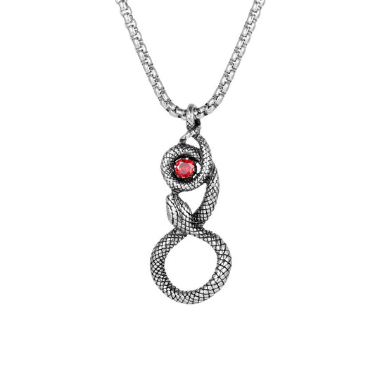 Retro Titanium Steel Snake Eye Necklace with Red Zircon Accent for Men