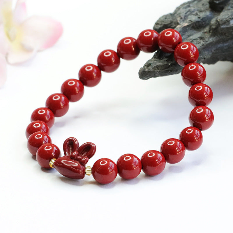 Cinnabar Stone Sterling Silver Rabbit Bracelet