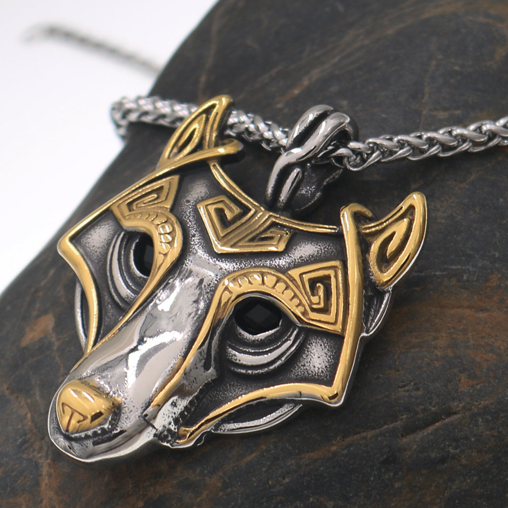 Viking Odin Wolf Head Titanium Steel Pendant Necklace for Men