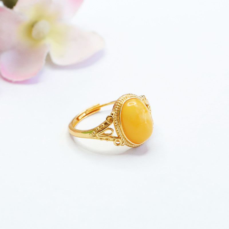 Honey Amber Sterling Silver V-Shaped Ring with Adjustable Opening