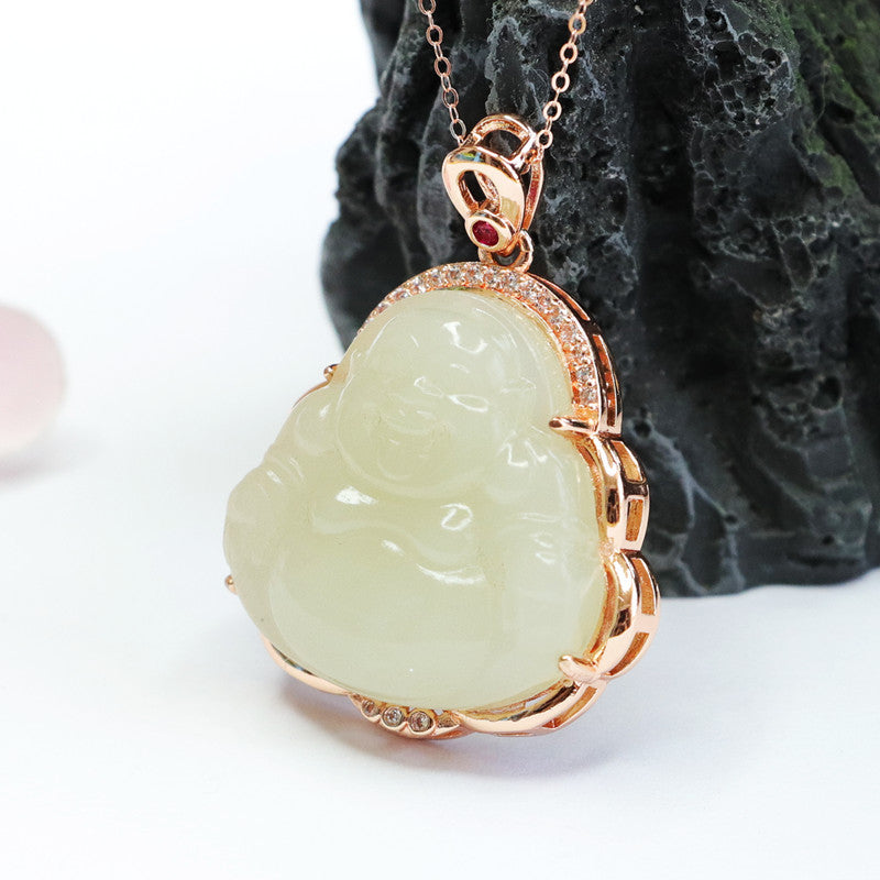 White Jade Maitreya Buddha Zircon Necklace by Planderful Collection