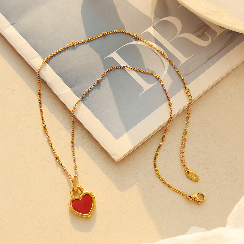 Cream Sweet Style Double-Sided Peach Heart Pendant Necklace with Gold-Plated Seashell Inlay