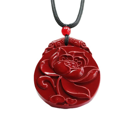 Cinnabar Pendant with Purple Sand Lotus Carving, Sterling Silver Jewelry