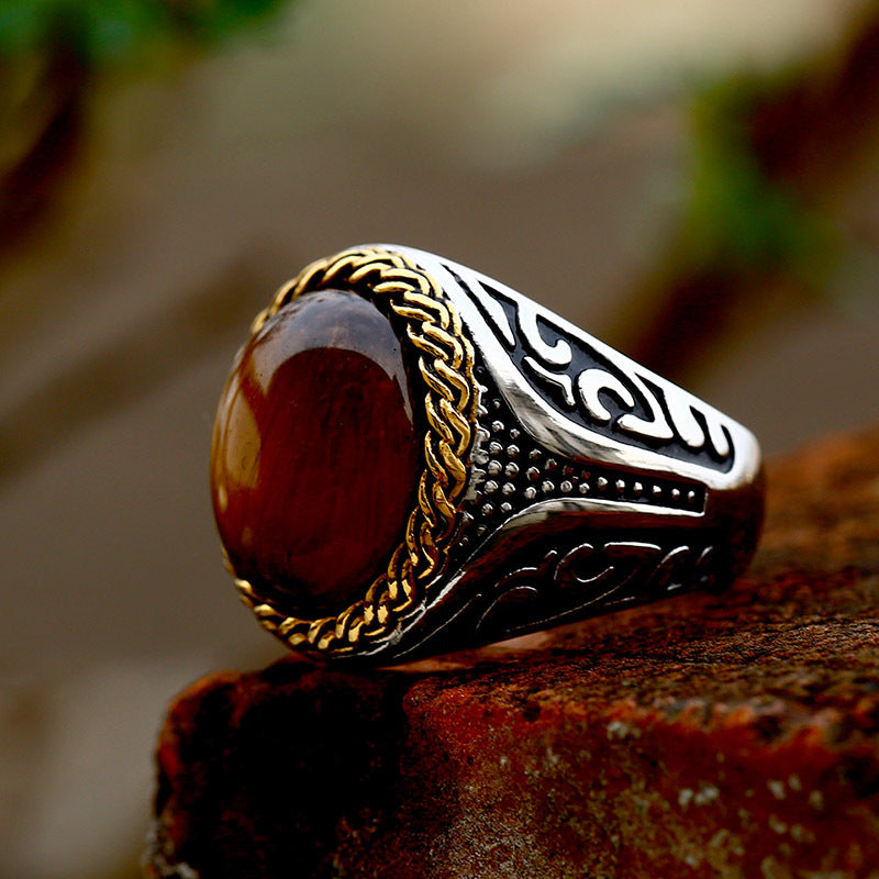 Elegant Tiger's Eye Inlay Ring Crafted from Woven Titanium Steel - Men's Fashion Jewelry