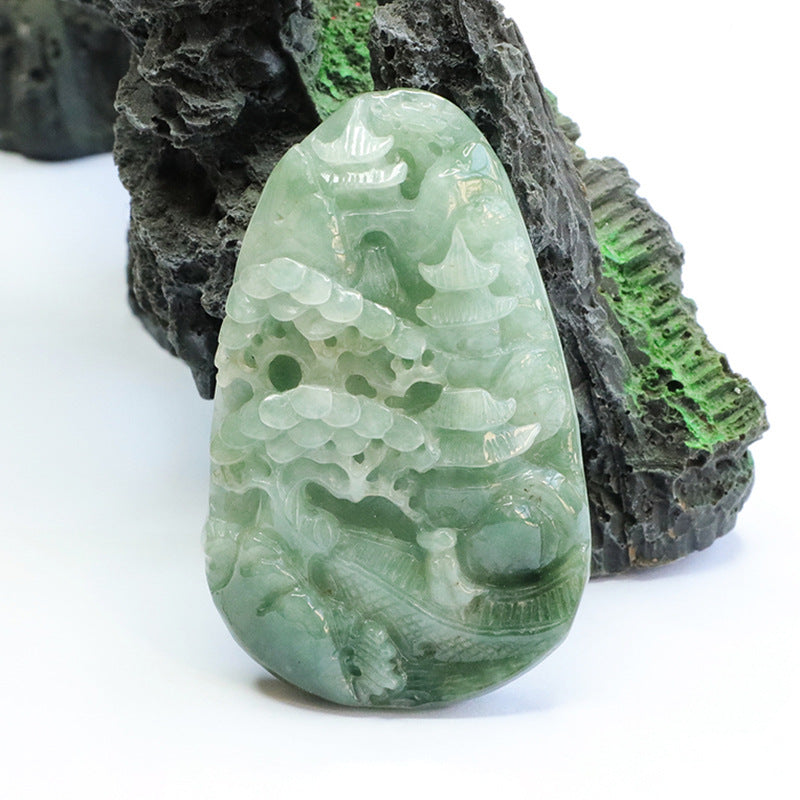 Green Landscape Jade Pendant Engraved with Full Nature Scenery