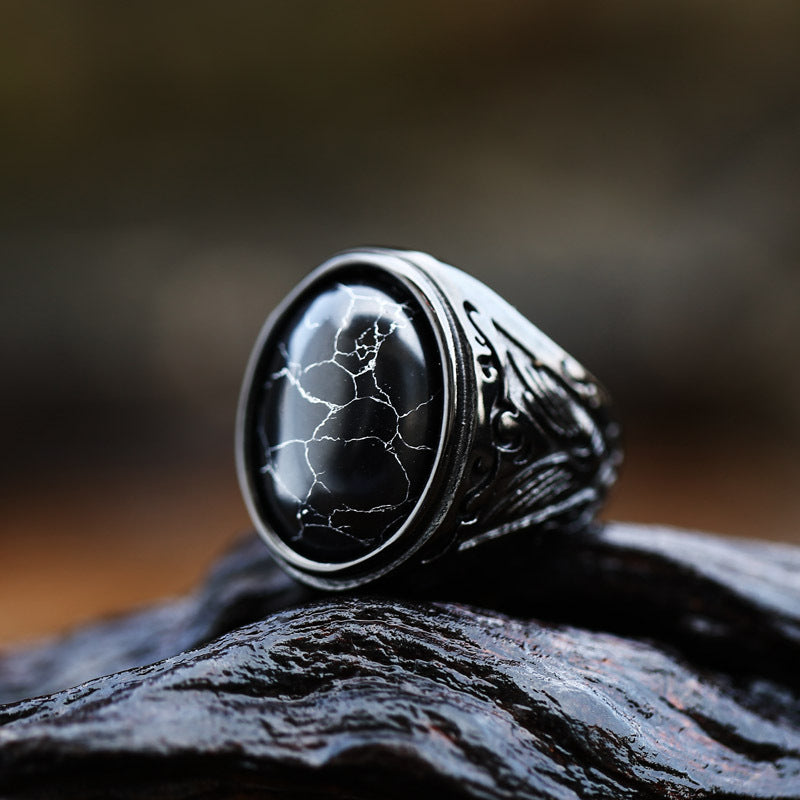 Vintage Black Turquoise Inlaid Men's Titanium Steel Ring - Custom Engraved Handcrafted Jewelry for Men