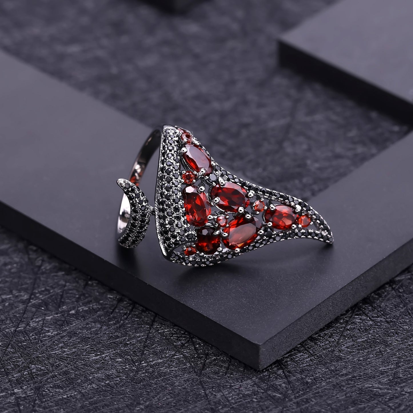 Exaggerated Triangle Shape Natural Gemstones Opening Silver Ring