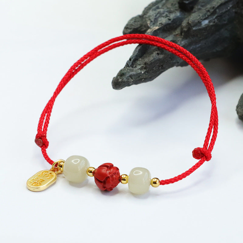 Vermilion Lotus Beads Sterling Silver Bracelet with Hetian Jade