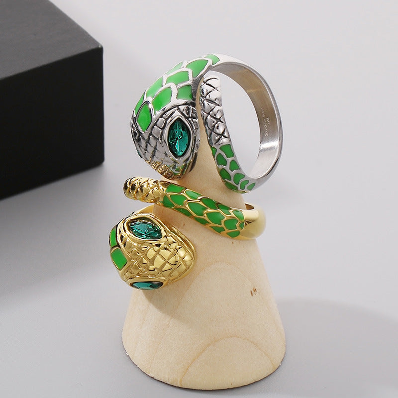 Stylish Green Eye Snake Ring for Men - Trendy Simian-Inspired Titanium Steel Design