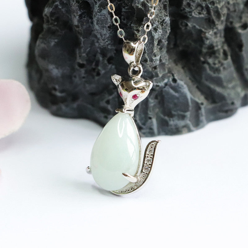 Sterling Silver Fox Pendant Necklace with Natural Jade