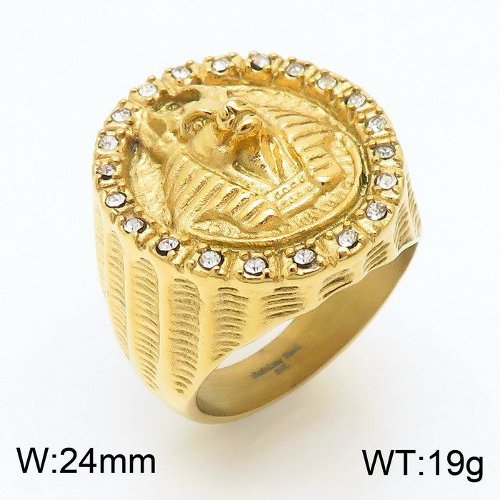 Retro Egyptian Sphinx-Inspired Zircon-Studded Men's Ring in Stainless Steel - Punk Jewelry for Modern Trends