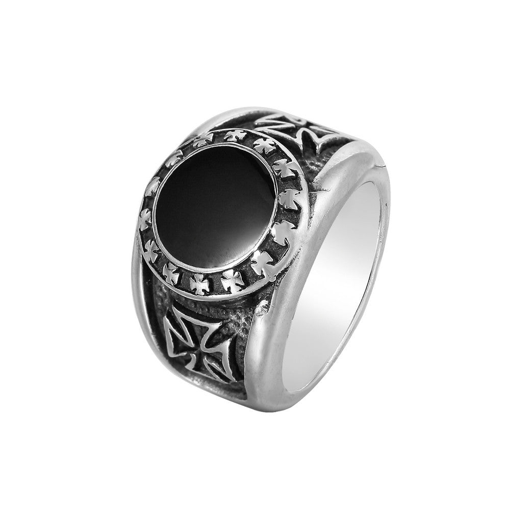 Black Round Disk Croix Cross Titanium Steel Ring for Men