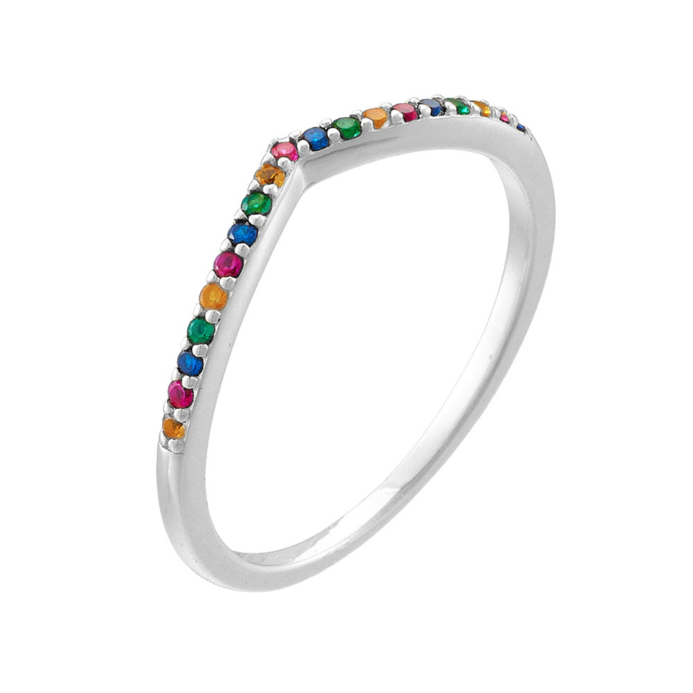 Colourful Zircon V Shape Slim Sterling Silver Ring