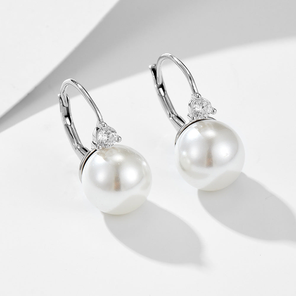 Round Pearl Small Zircon Sterling Silver Hoop Earrings