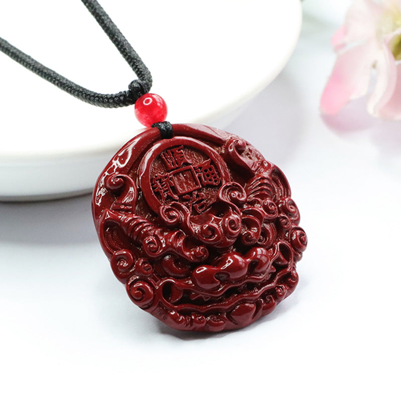 Dragon Head Five Emperor Coin Pendant with Cinnabar Stone