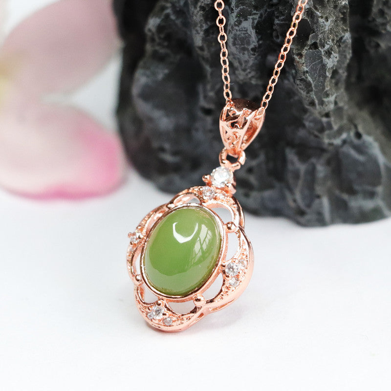 Oval Hollow Flower Edge Necklace Crafted with Natural Hotan Jade