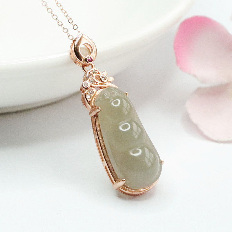 Green Bean Jade Sterling Silver Pendant Necklace