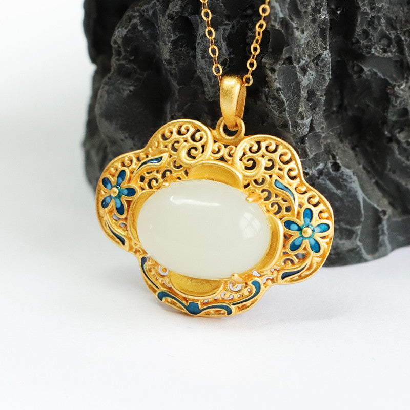 S925 Silver Natural Hotan Jade Pendant Oval White Jade Enamel Hollow Flower Ruyi Necklace