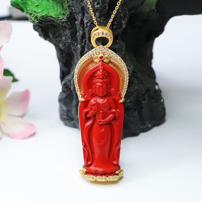 Divine Cinnabar Guanyin Necklace in Red Sand Golden Finish