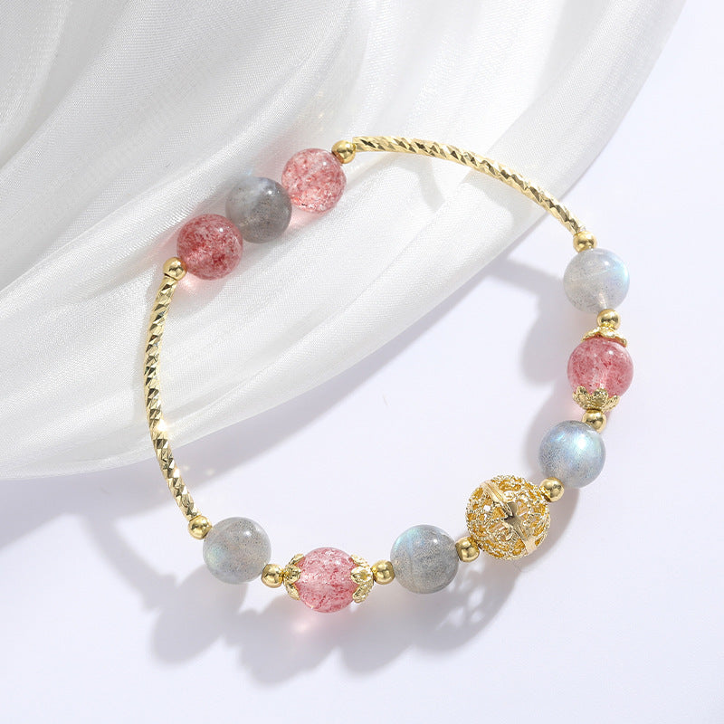 Strawberry Crystal Moonlight Stone Bracelet for Women - Romantic Peach Blossom Hollow Ball Lover's Day Gift