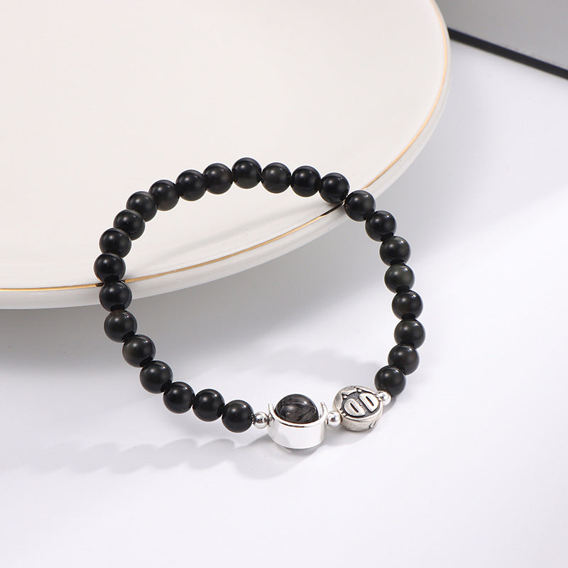 Fortune's Favor Sterling Silver Obsidian Couple Bracelet Set, Korean Style Gift for Students